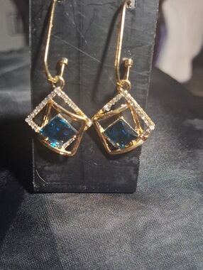 Gold-Tone Blue Crystal Drop Earrings - Brand